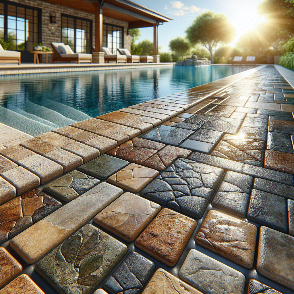 A poolside area with glossy sealed pavers and a clear blue pool under bright daylight.
