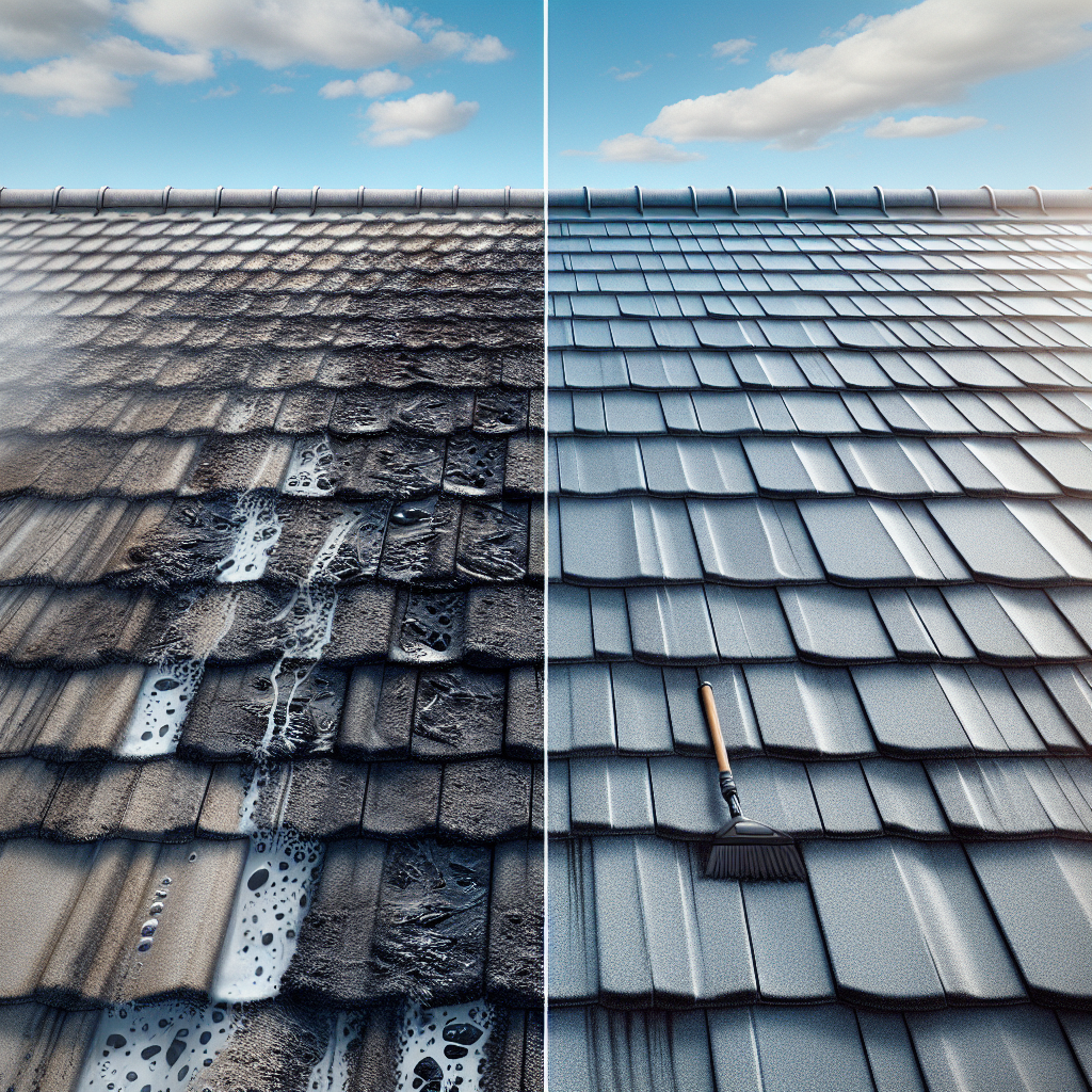 A before and after photo of a roof cleaning process, showcasing a clear transformation from dirty to clean.