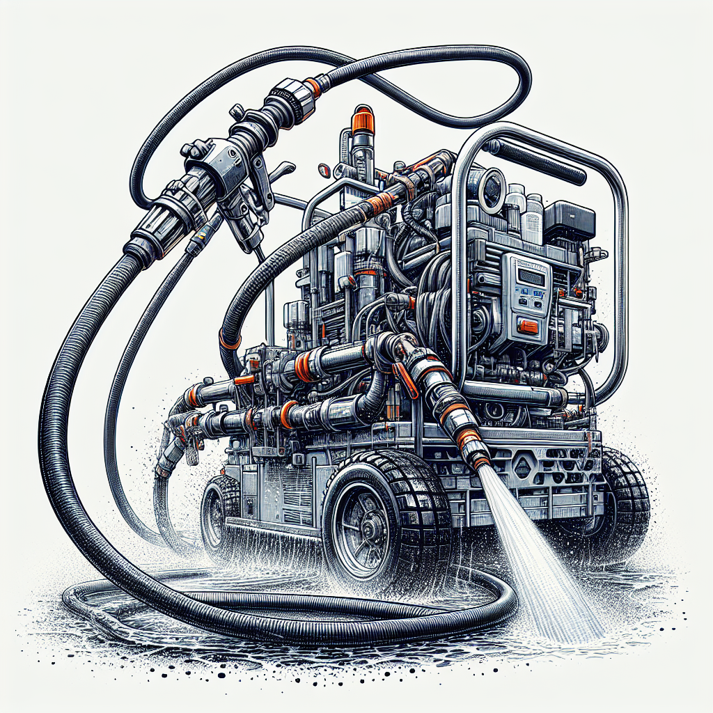 A realistic image of high-pressure cleaning equipment in action, featuring visible water expulsion and detailed design.