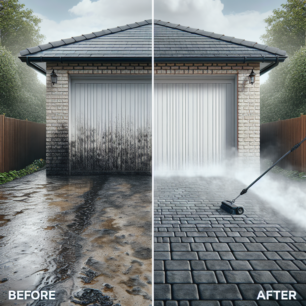 A before and after image of driveway pressure cleaning, showcasing a dirty and a cleaned state.