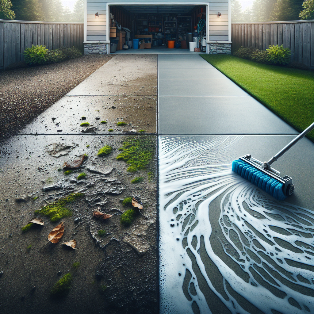 A realistic image of a driveway's before and after pressure cleaning.