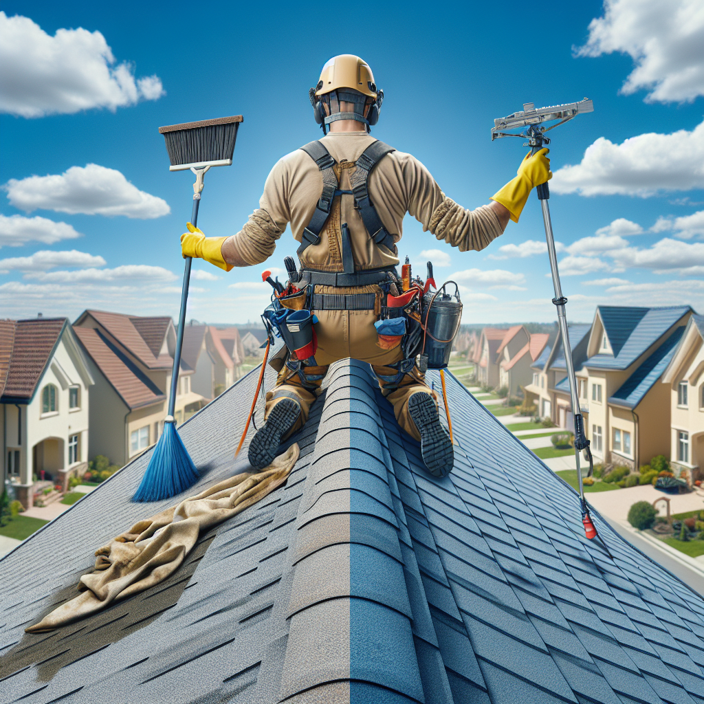 An image of roof cleaning process in a realistic style.