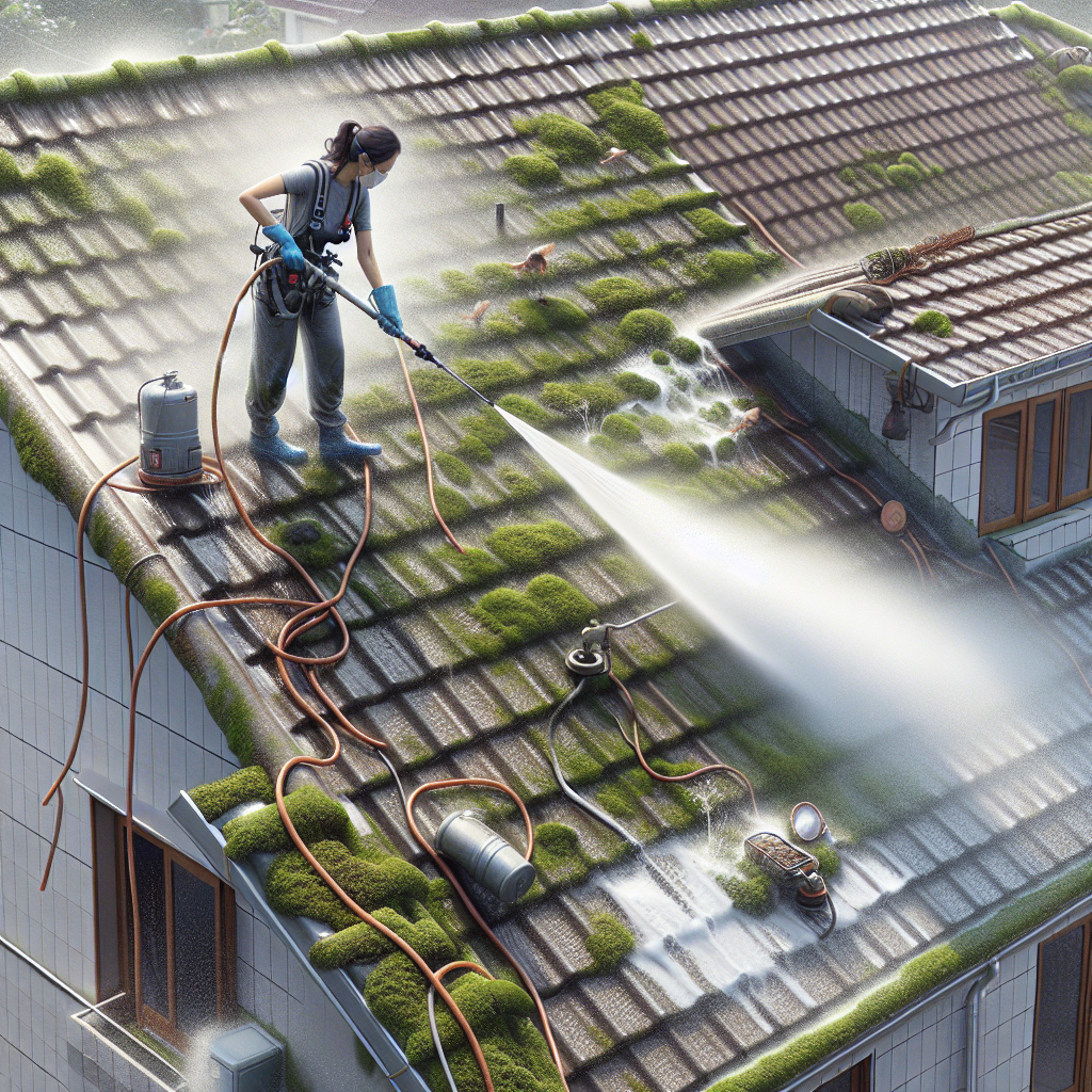 An image depicting the process of roof cleaning, with a person using high-pressure cleaning equipment on a residential roof.