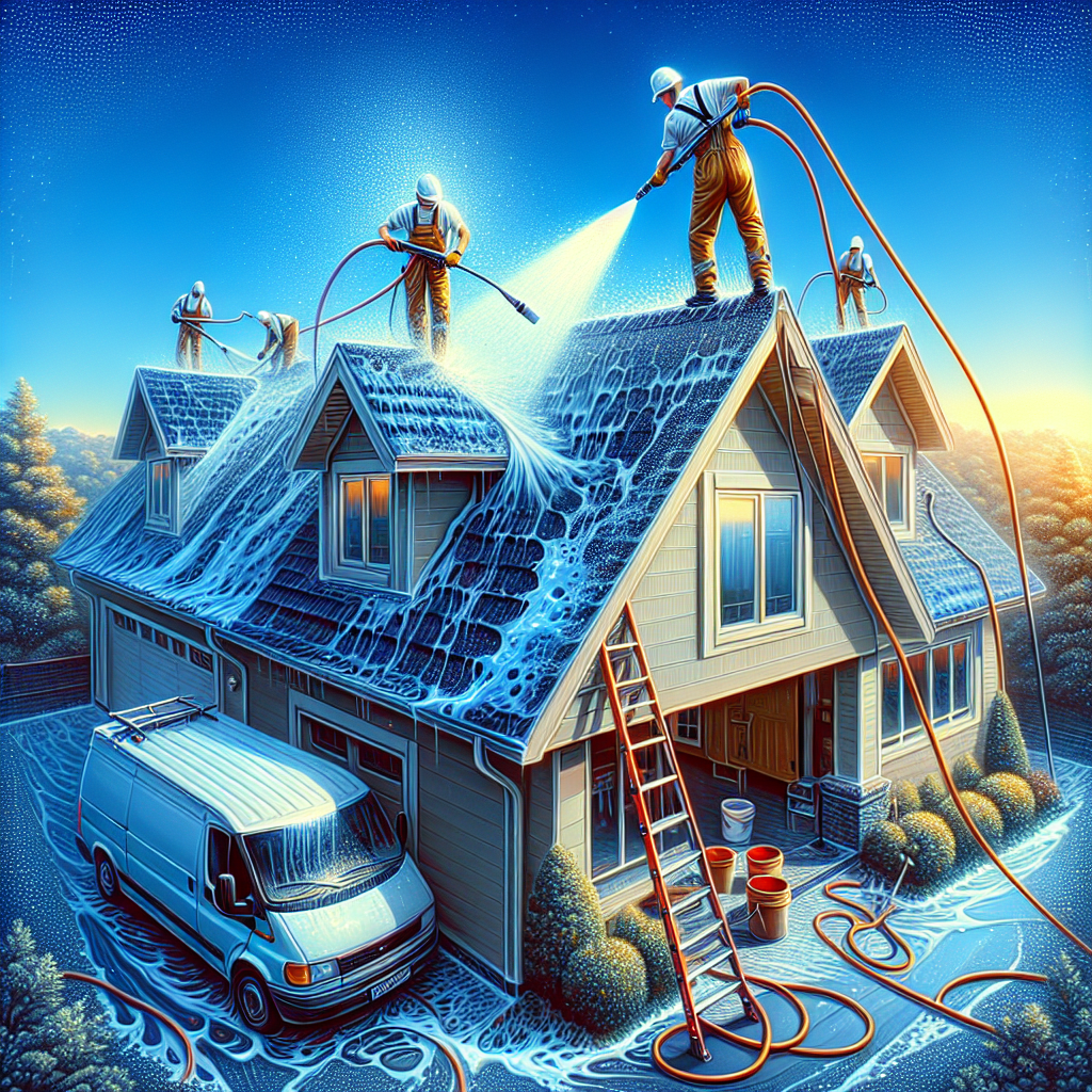 Realistic image of workers cleaning a roof with high-pressure water hoses, with a clear blue sky and suburban background.