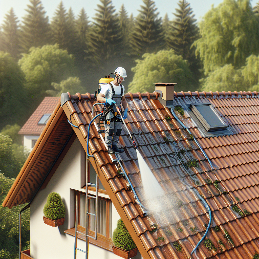 A realistic image of a roof cleaning process.