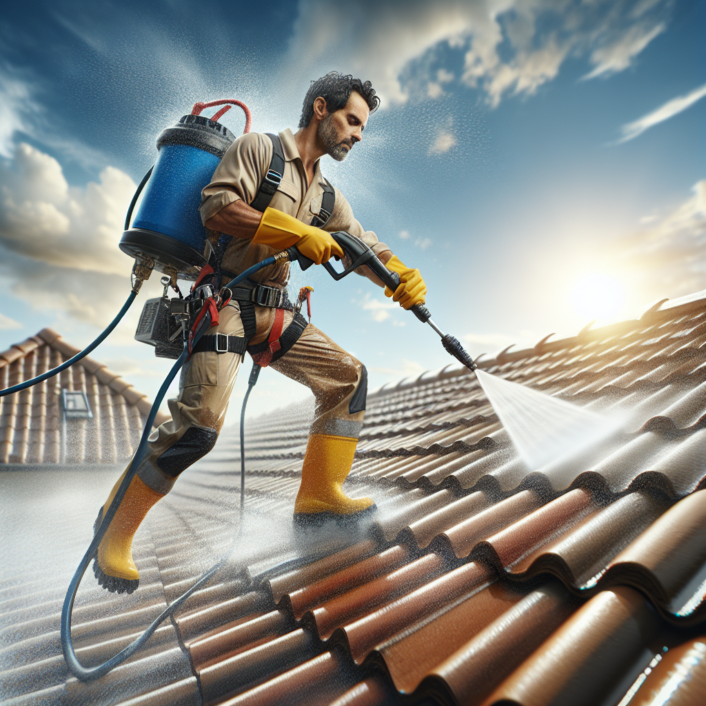 Realistic image of a roof cleaning process showing a person with high-pressure washer on a tiled roof.