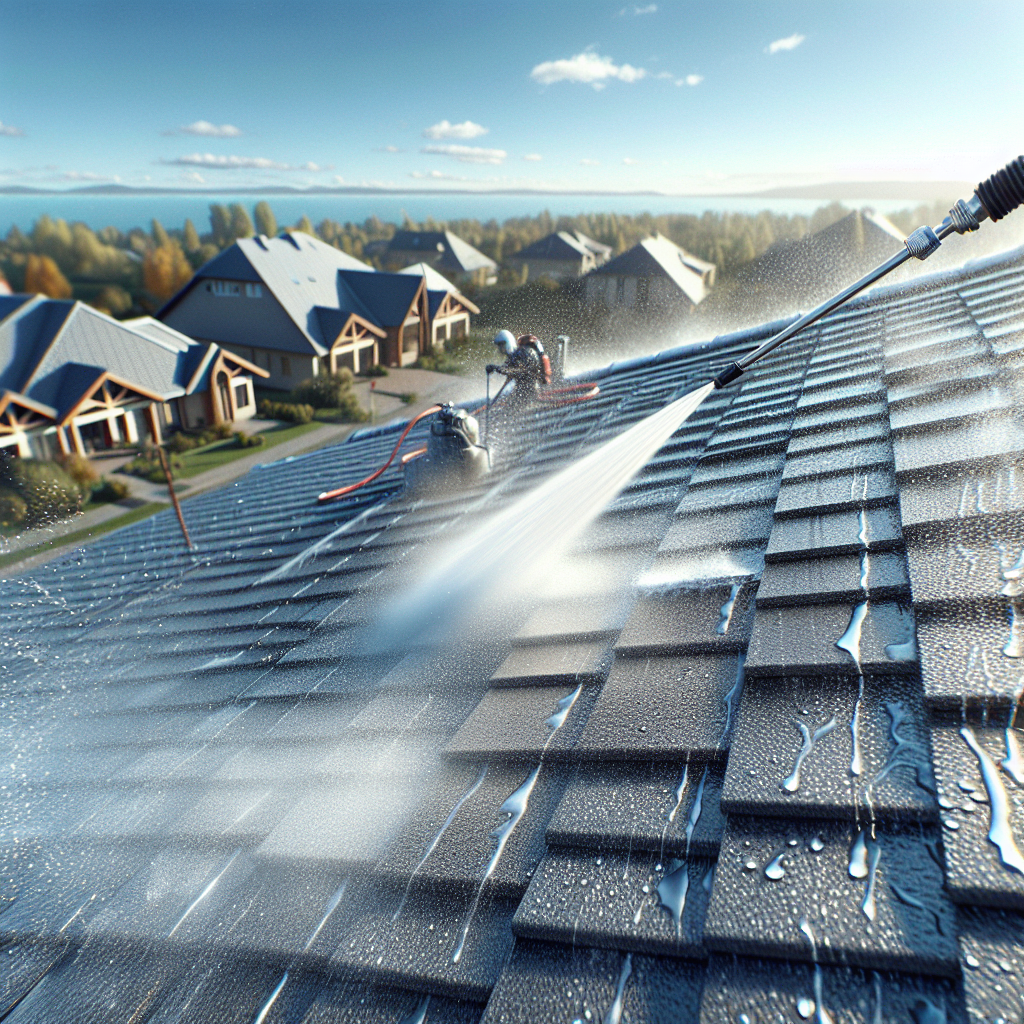 Realistic roof cleaning process resembling a photo from pbcpressurecleaning.com