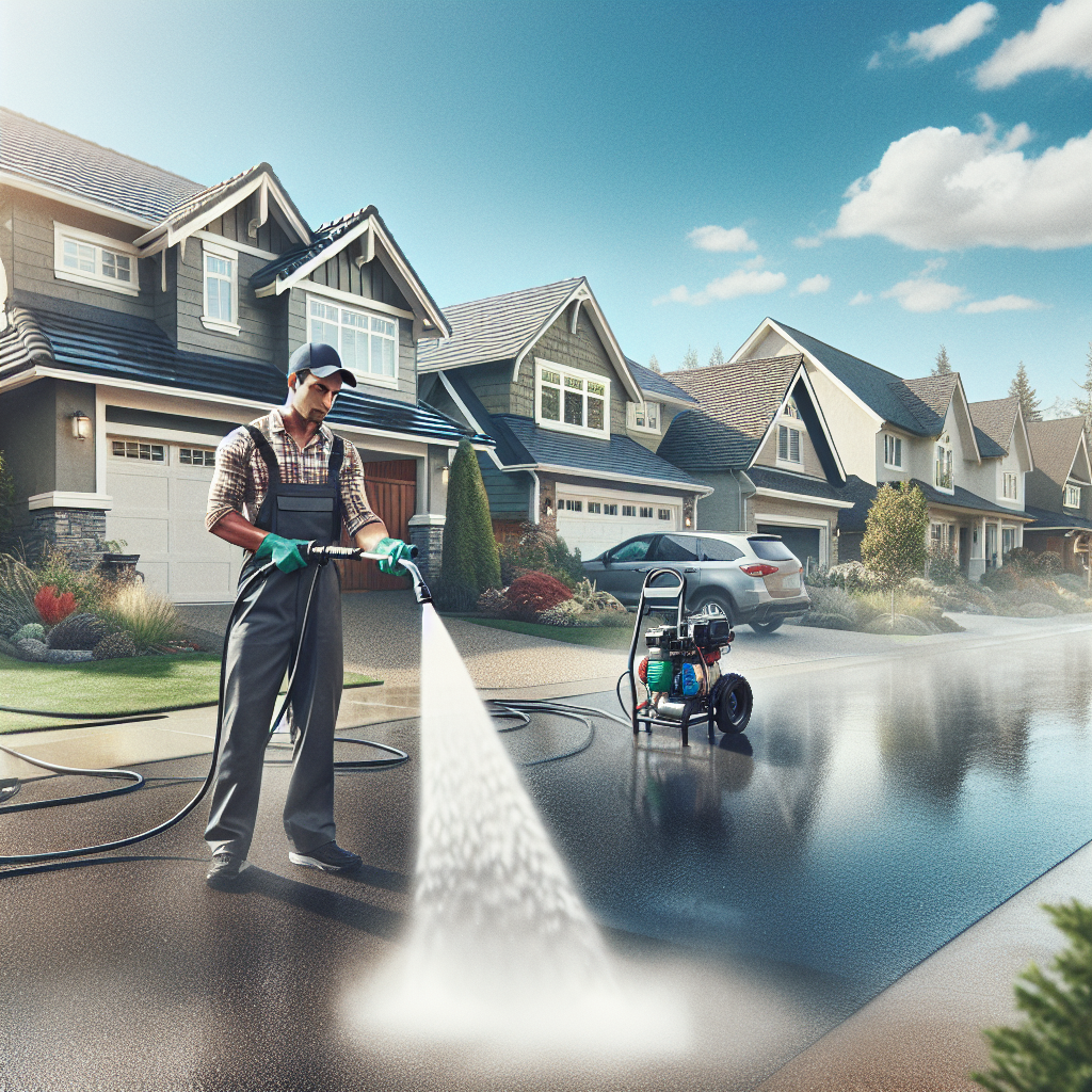 A professional pressure washing a driveway in a suburban neighborhood, based on an image from a service website.