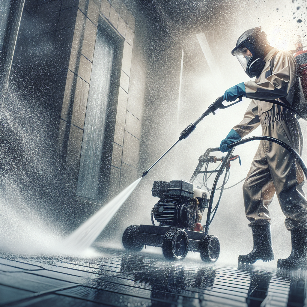Realistic rendering of a pressure washing service in action, based on reference photo.