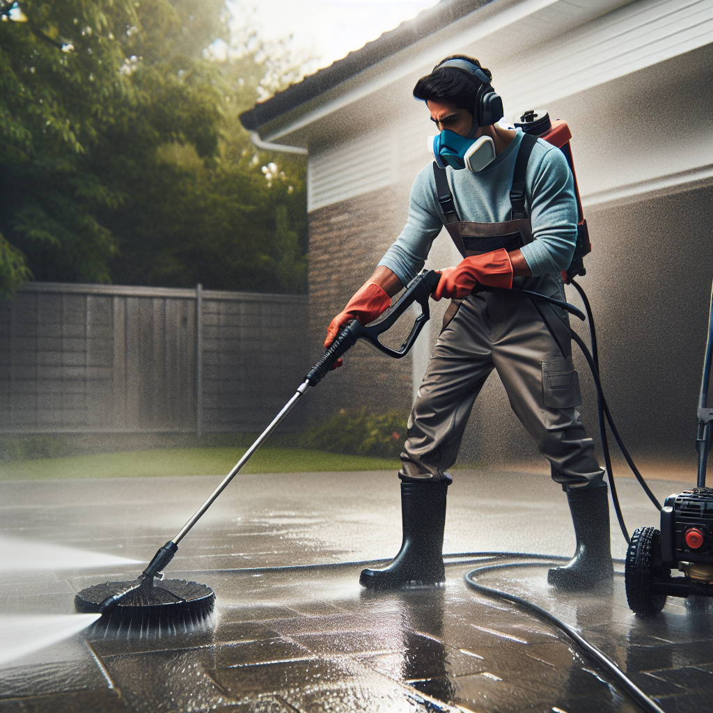 A pressure washing service worker cleaning a driveway with a high-pressure washer.