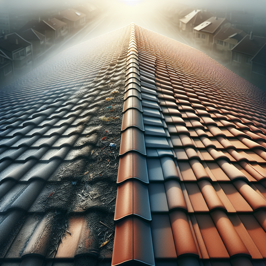 A realistic image of a roof half dirty and half clean to illustrate cleaning and painting services.