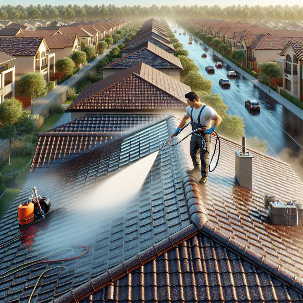 Realistic image of a roof-cleaning process in suburban Australia, with a focus on accuracy of the scene and details, modeled on a reference URL.
