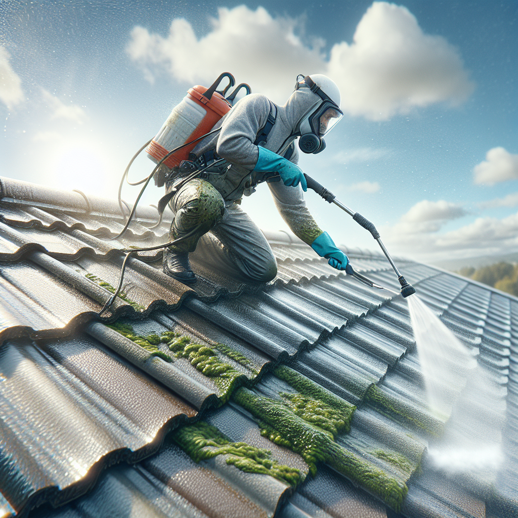 A realistic image of a professional roof cleaning service in progress with a clear blue sky in the background.