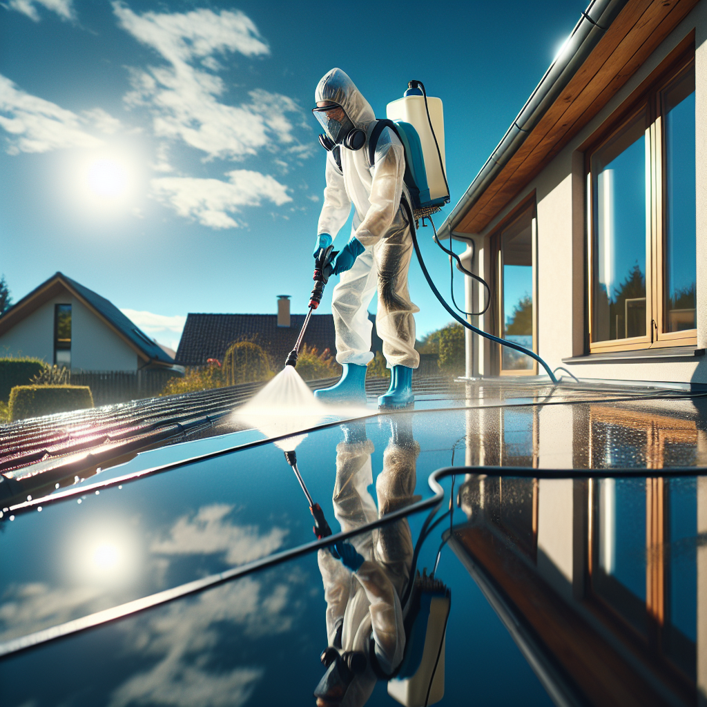 A realistic depiction of a roof cleaning service, with a worker in protective gear using a high-pressure hose on a roof.
