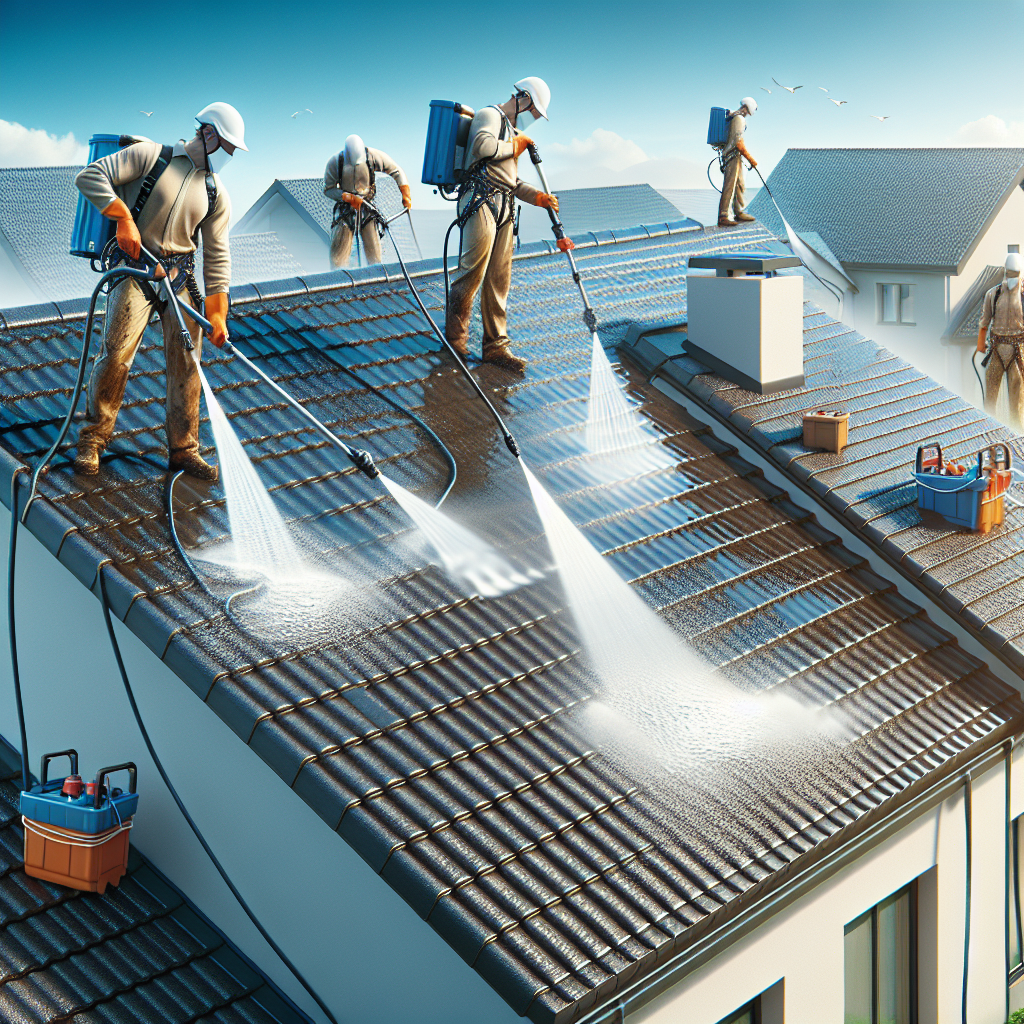 A realistic image of a roof cleaning service with workers using high-pressure cleaning equipment on a tiled roof.