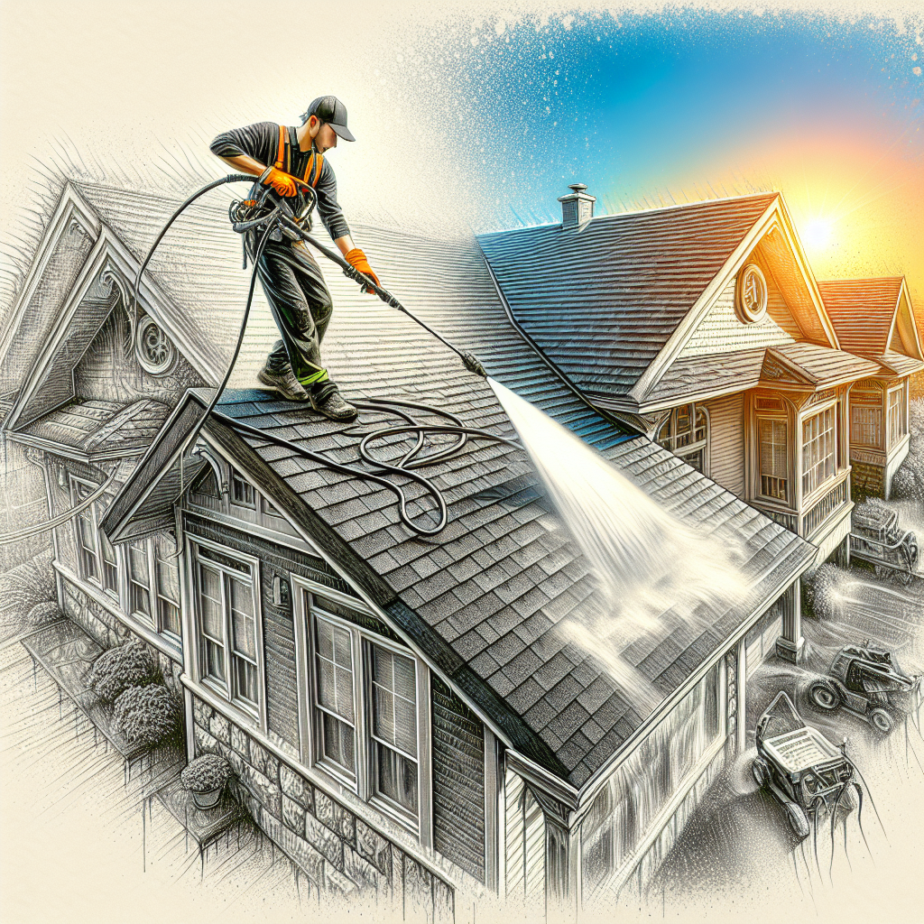 An image of a roof cleaning service in progress.