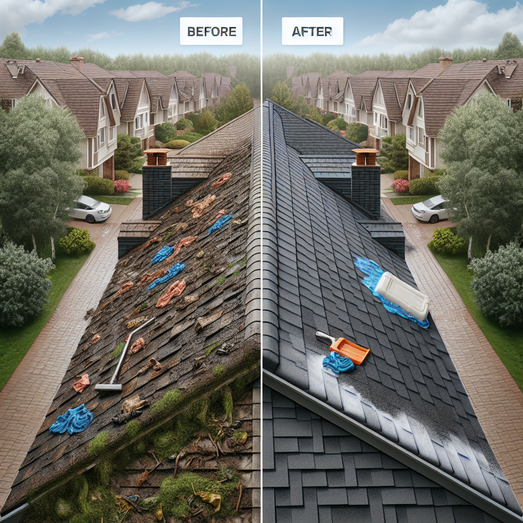 A before-and-after image of a residential roof cleaning, showing a stark contrast between the stained and clean states.