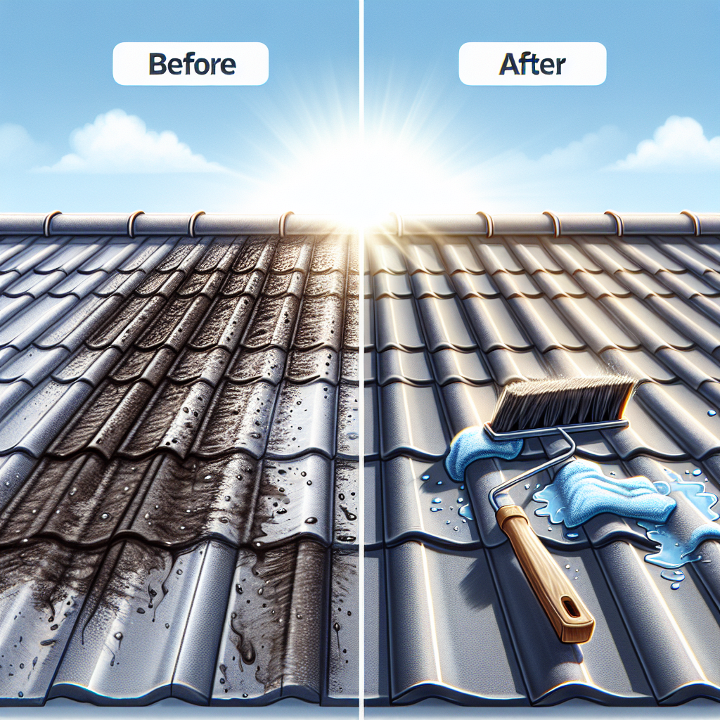 Realistic before-and-after comparison of roof cleaning.