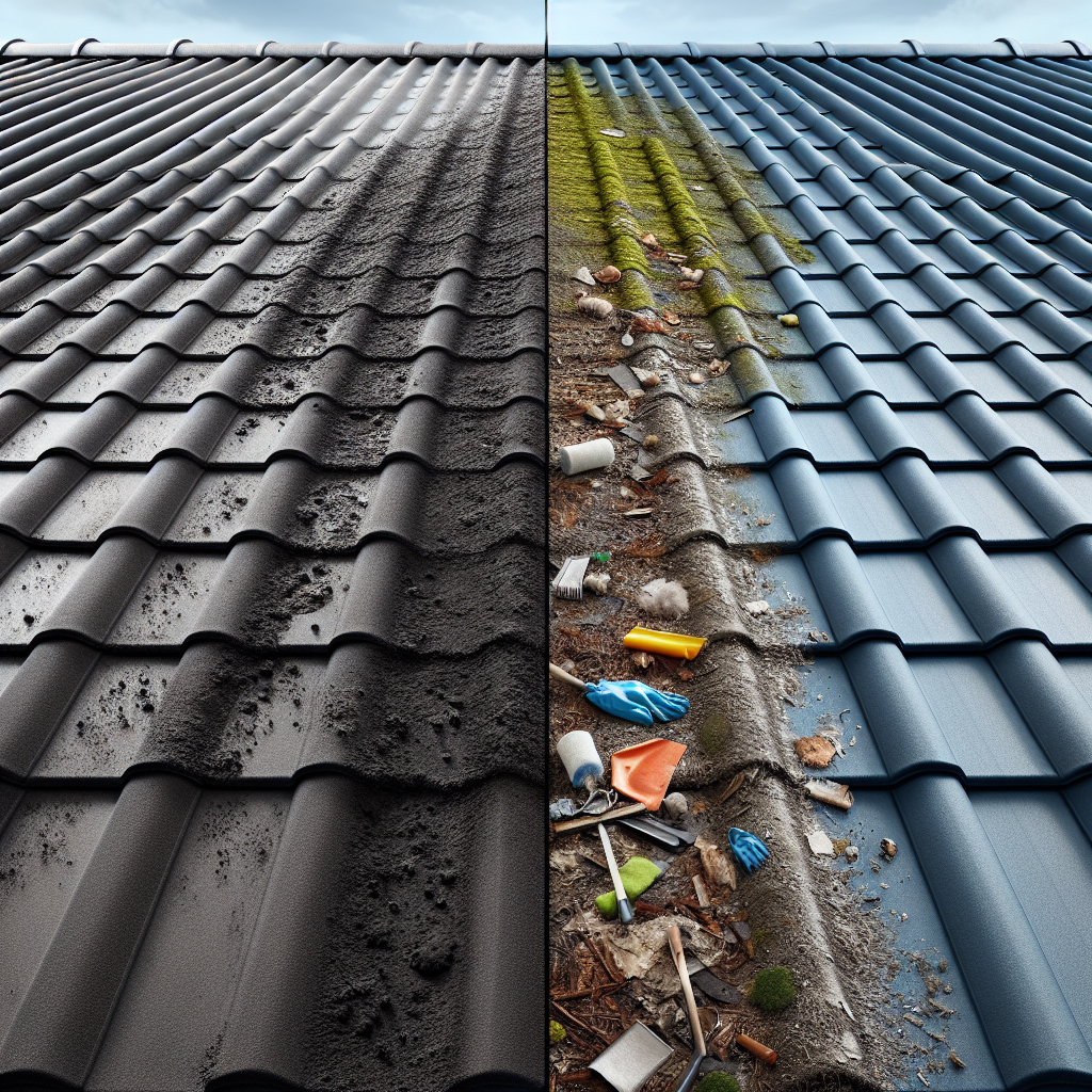 Realistic split-image comparison of a roof before and after pressure cleaning.