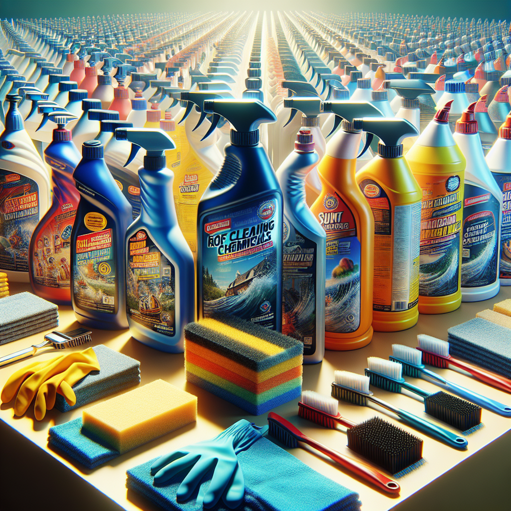 Various roof cleaning chemicals placed neatly on a table with clear labels and professional cleaning tools.