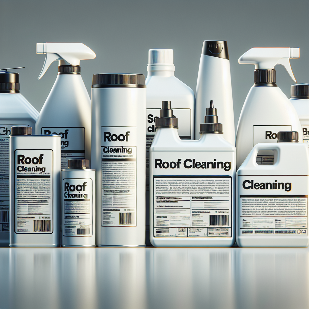 A realistic depiction of roof cleaning chemicals arranged neatly in various containers and bottles.