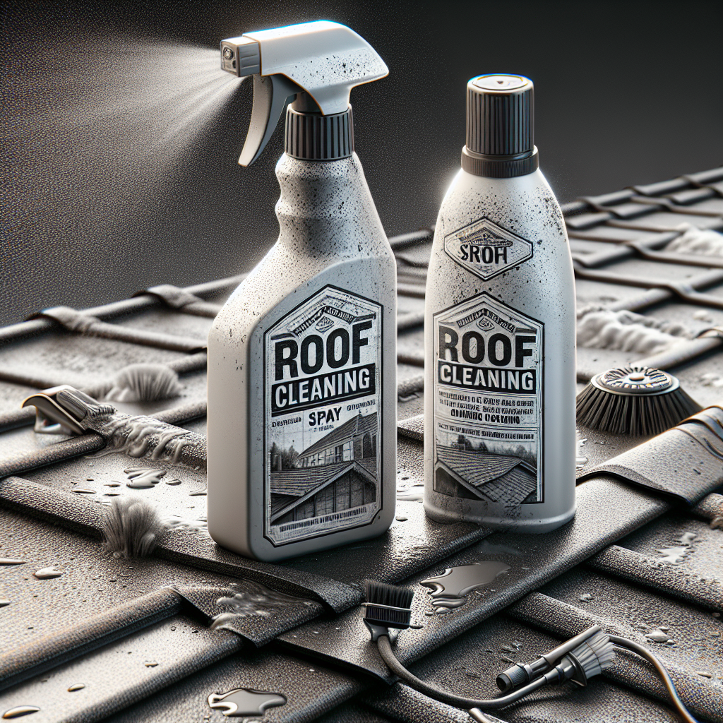 A realistic image showing roof cleaning chemicals with a stained roof in the background.