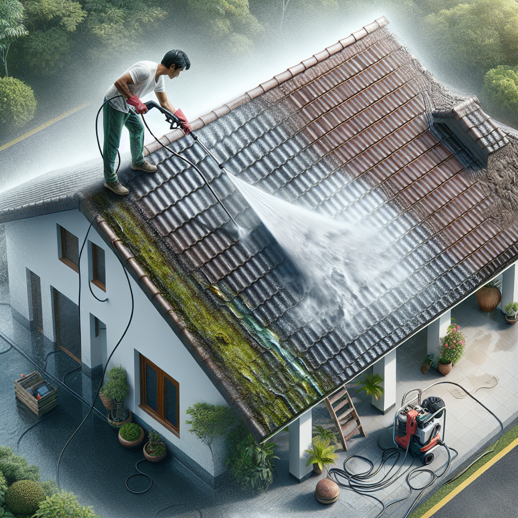 A person pressure cleaning a residential roof with a high-power washer, showing the transformation from dirty to clean.