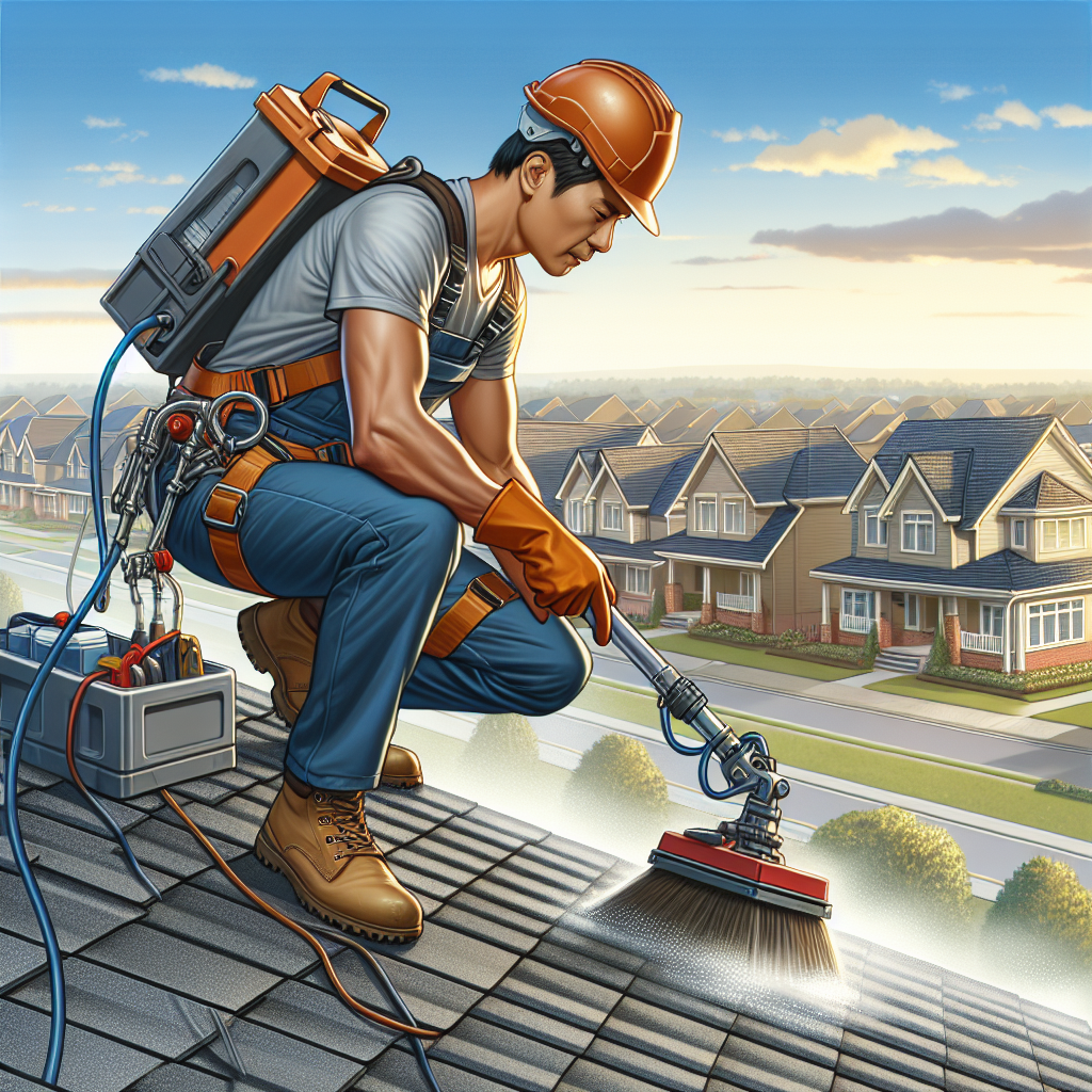 A professional roof cleaner working on a suburban roof using safety gear and high-pressure cleaning equipment.