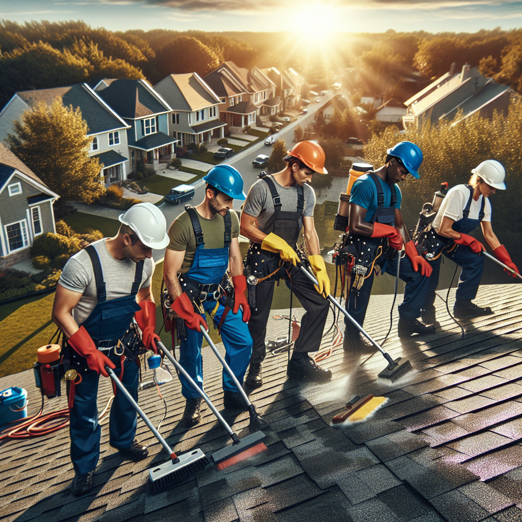 Team of workers cleaning a roof in a suburban neighborhood.