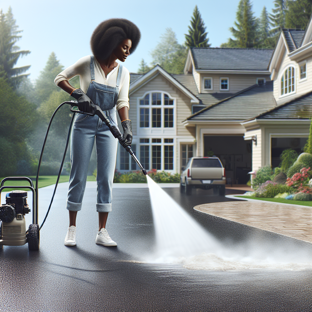 A realistic image of a person pressure cleaning a dirty driveway in a suburban neighborhood.
