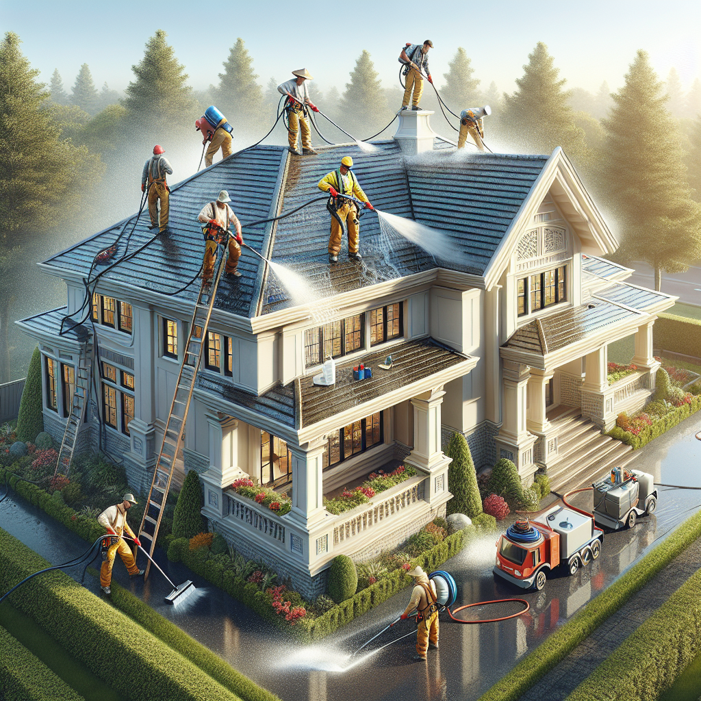Workers cleaning the roof of a house with detailed realistic features.