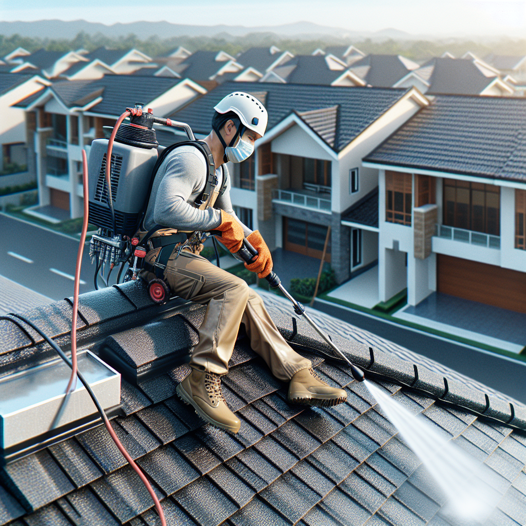 A realistic image of a person cleaning a modern house roof using a high-pressure washer in safety gear, with a clear sky in the background.