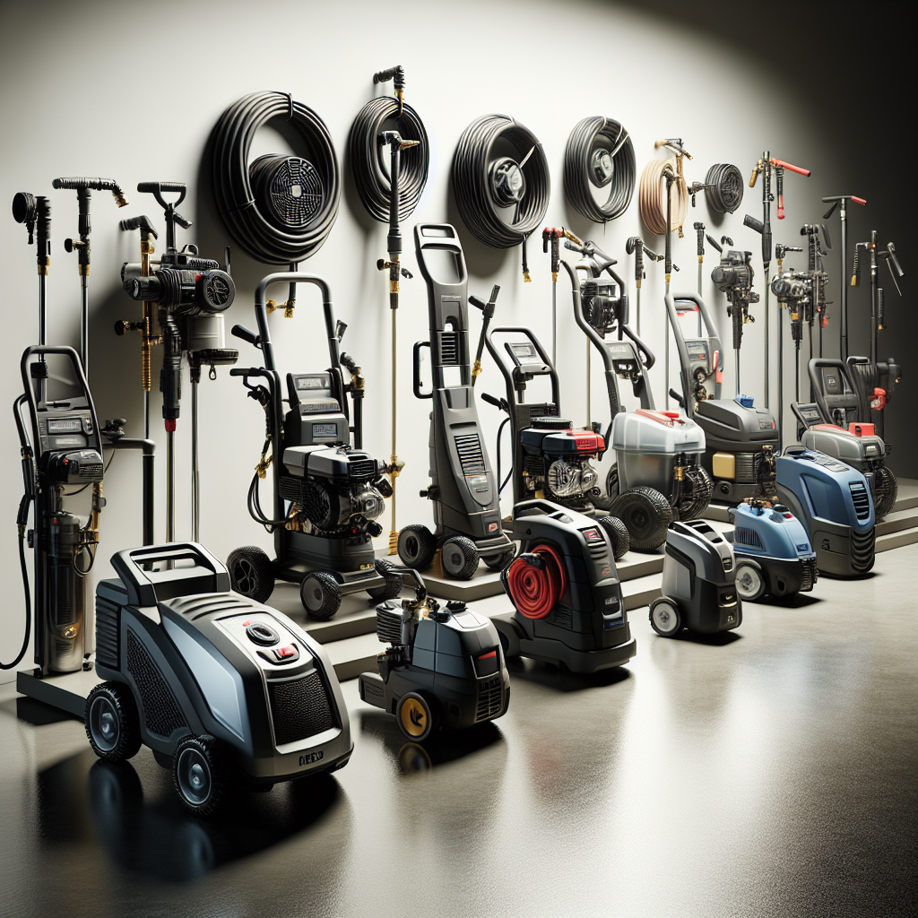 A realistic depiction of various pressure washers on a showroom floor.