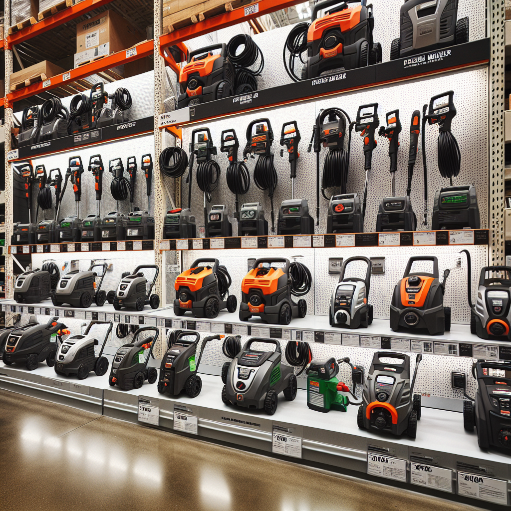 Display of different pressure washers in a home improvement store.