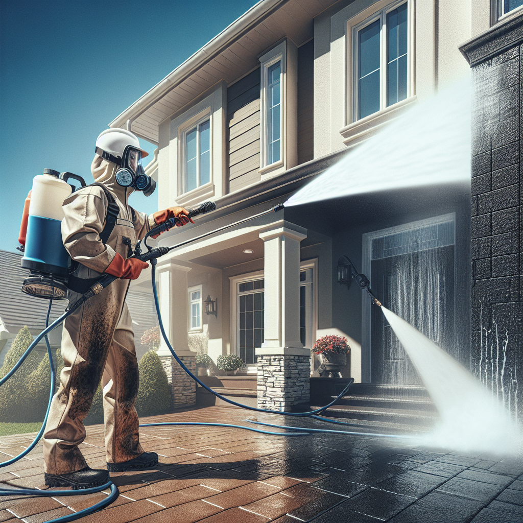 Professional pressure washing service cleaning house exterior