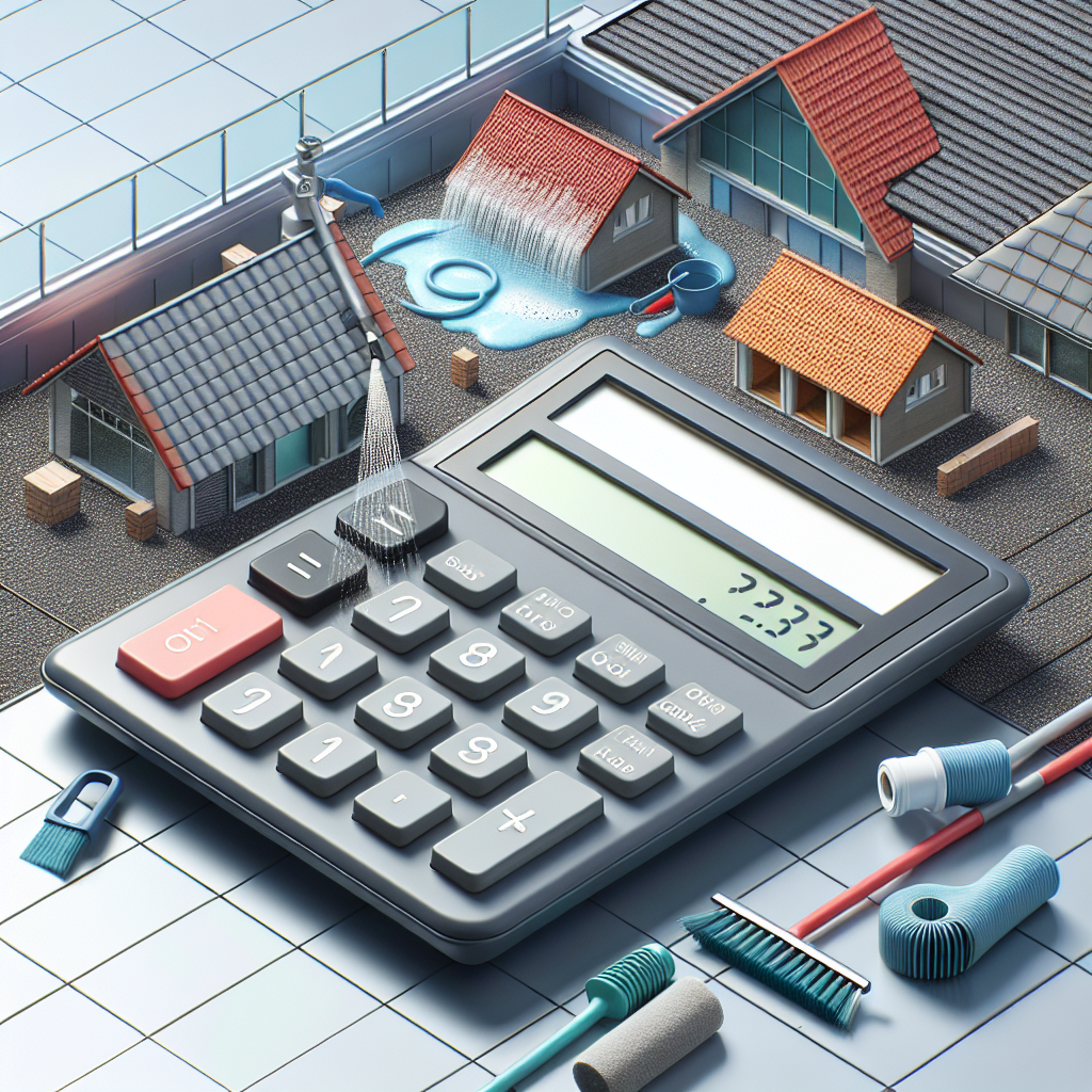 A realistic depiction of a roof cleaning cost calculator on a rooftop with various roofing materials and cleaning tools.