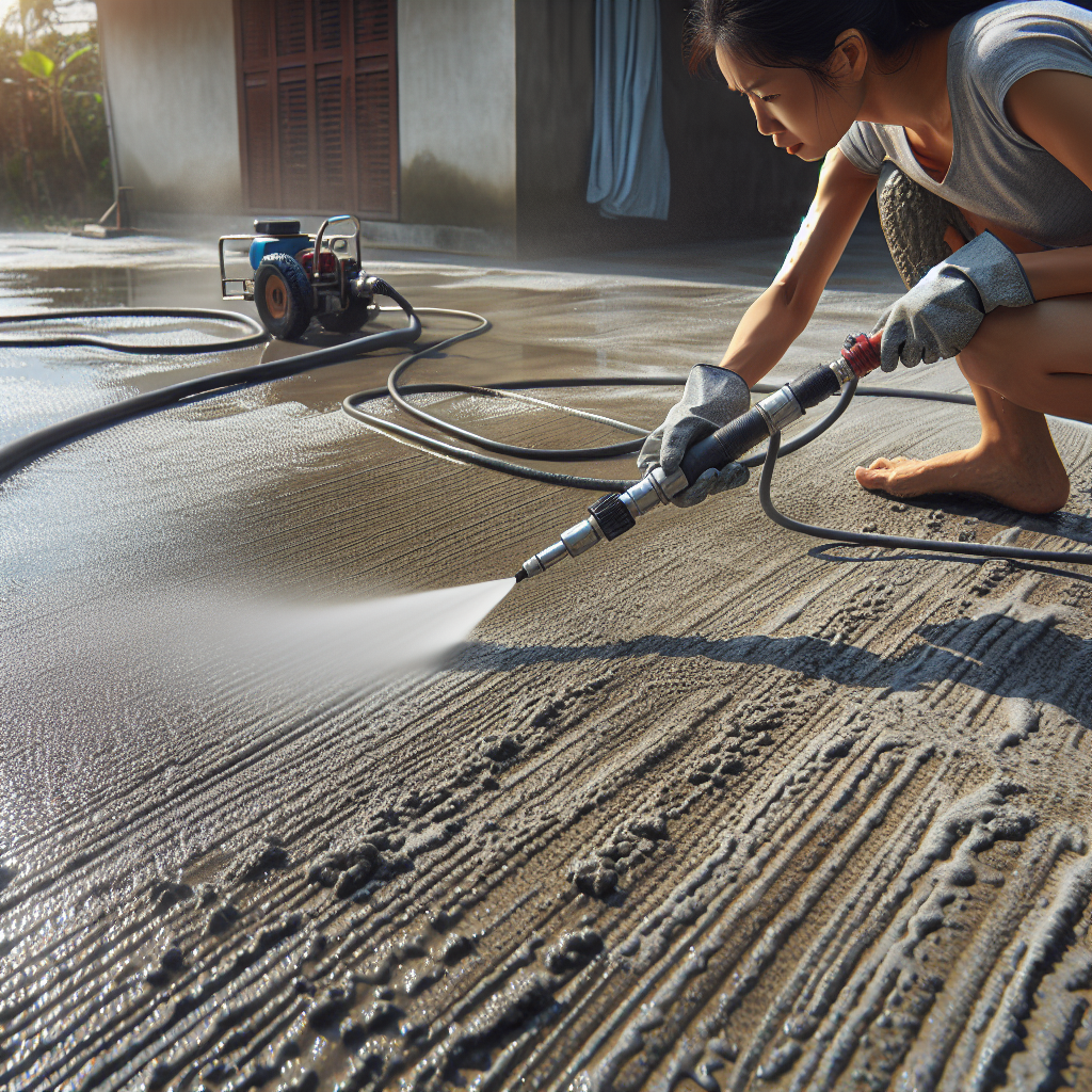 A person using a high-pressure water jet to clean a concrete surface.