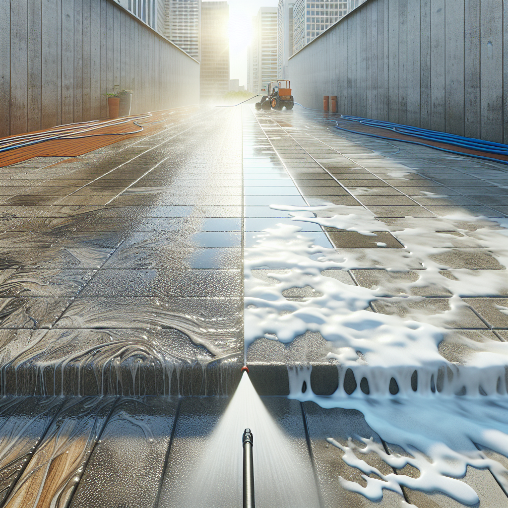 Concrete cleaning process illustrating a before and after effect with high-pressure water spray.