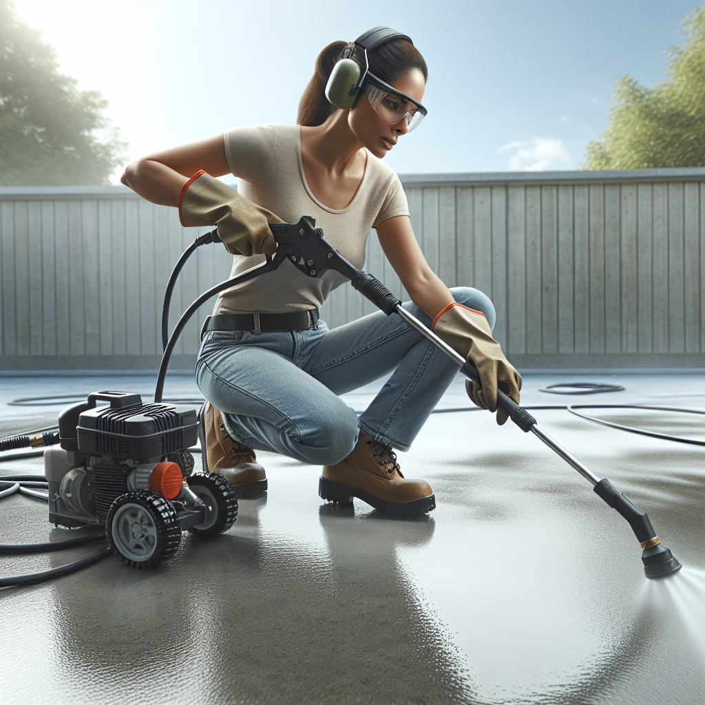 Worker cleaning concrete surface with high-pressure washer.