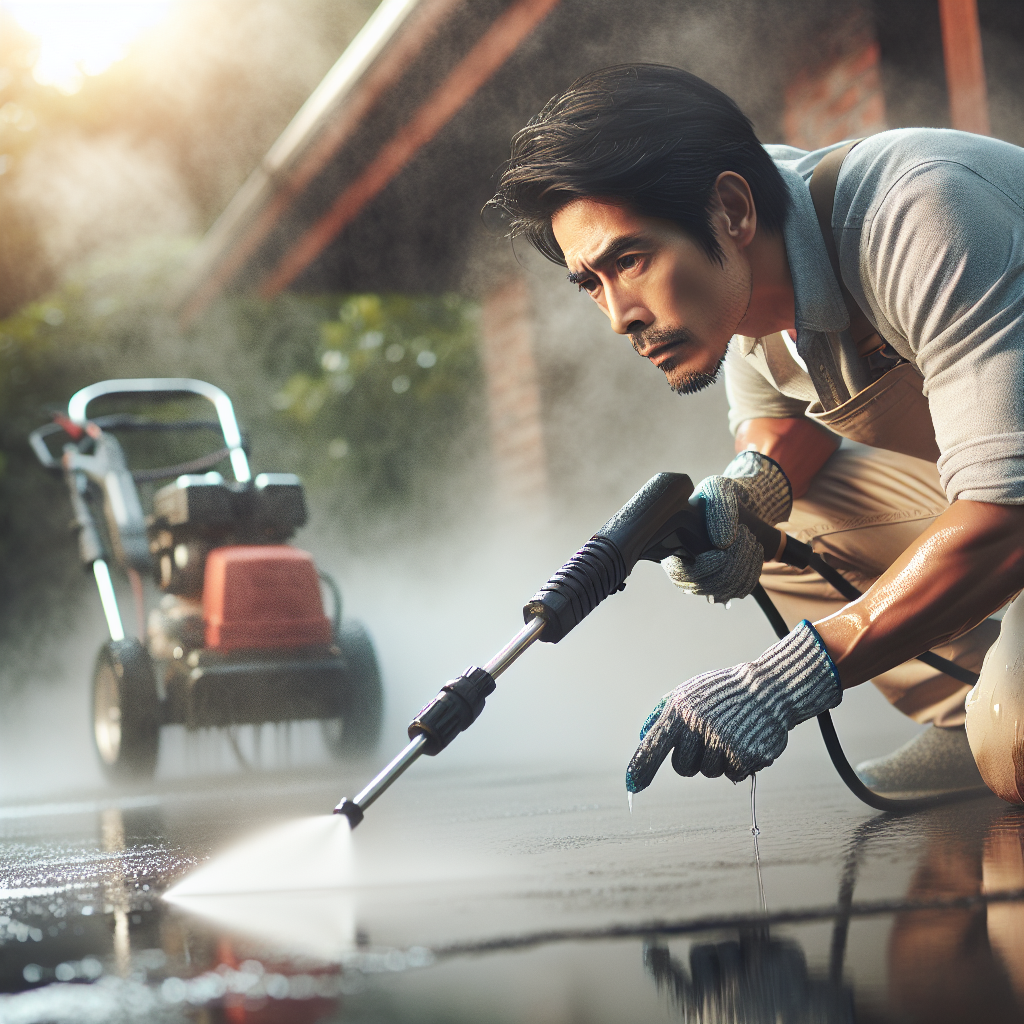 A person pressure washing an outdoor surface, cleaning dirt and grime with a high-pressure washer.