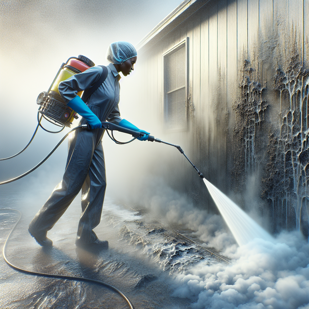Realistic image of a technician pressure washing and repairing a surface.