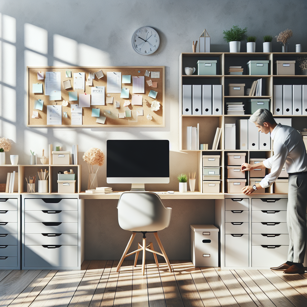 A professional organizer arranging storage boxes in a brightly lit, tidy home office with no faces shown.