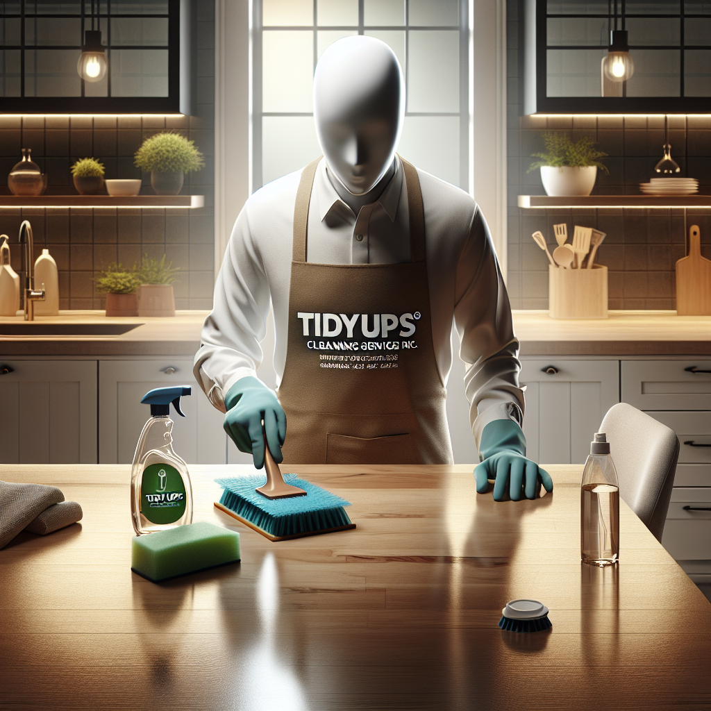 Professional cleaner in uniform tidying up a modern kitchen using eco-friendly products, representing 'Tidyups Cleaning Service Inc'.