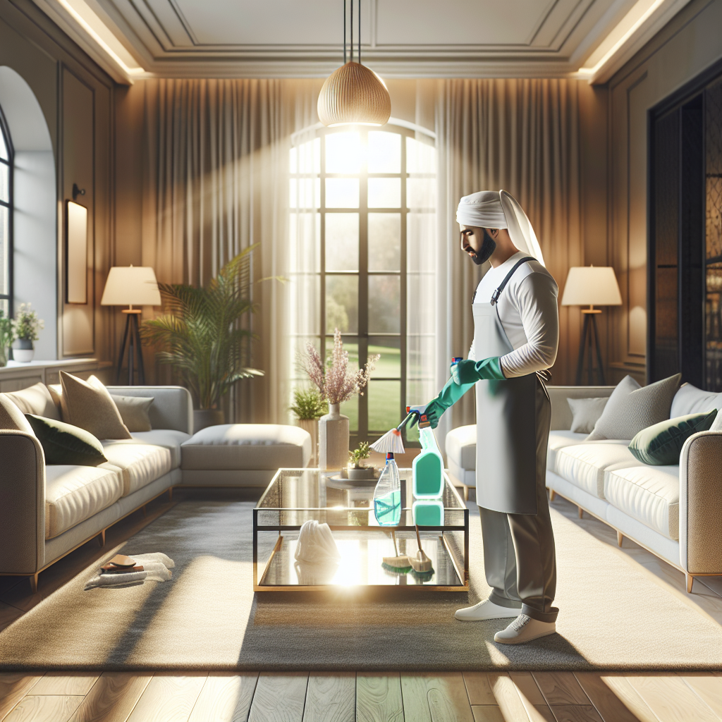 A cleaning service professional using eco-friendly products in a bright, clean living room interior.