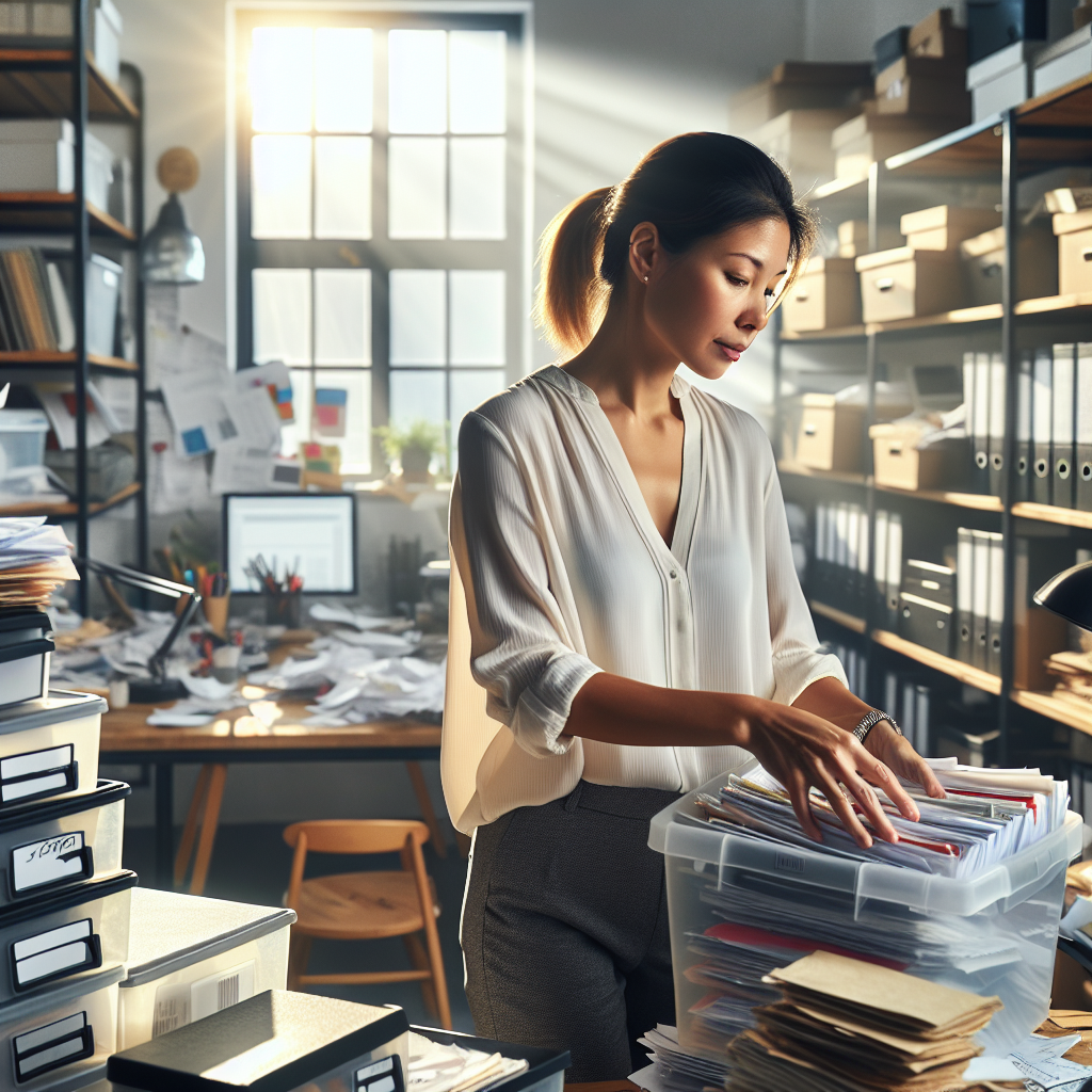 A professional organizer sorting and organizing a cluttered home office space, bringing order and efficiency.
