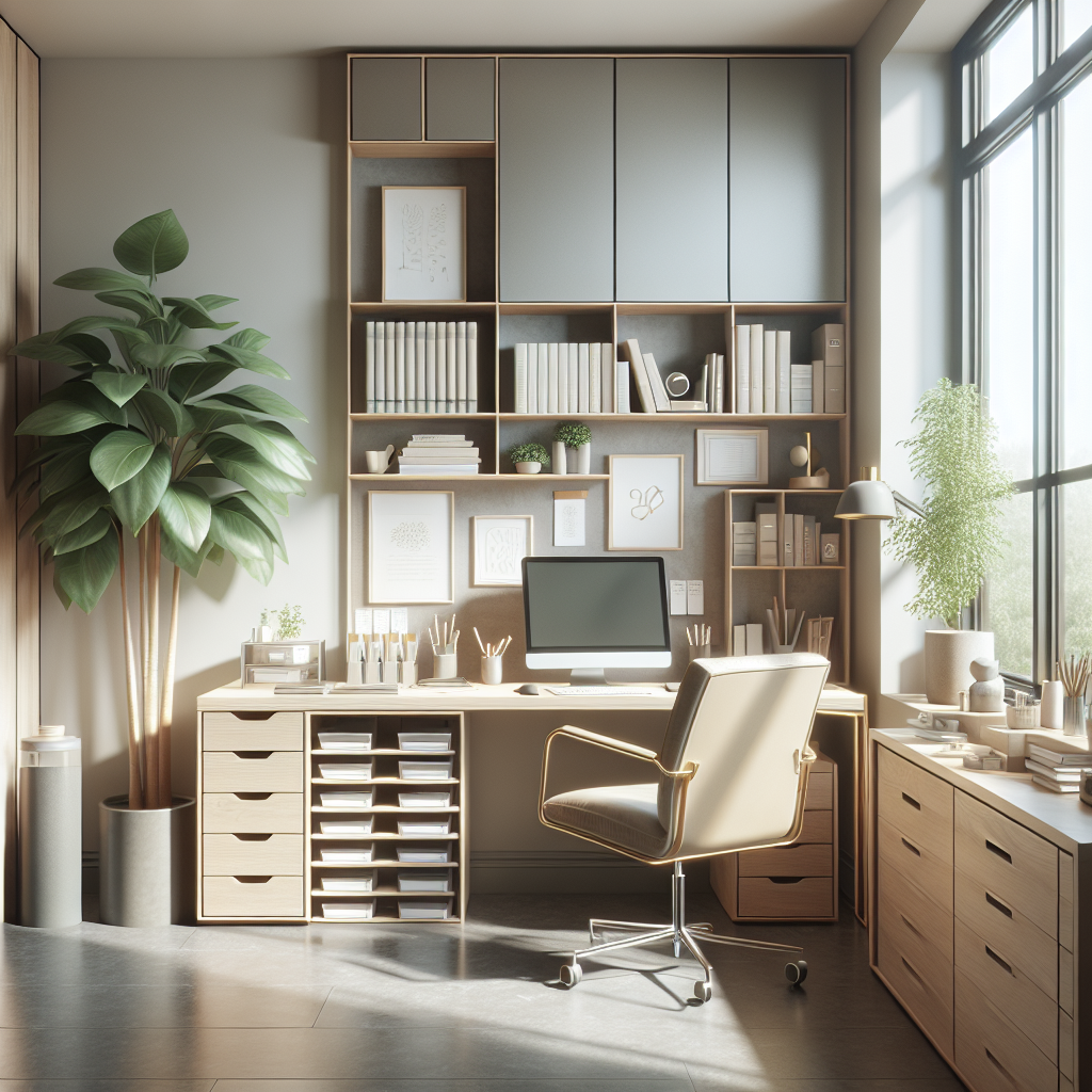 A tidy and modern home office space with natural lighting and an organized desk, potted plant, and soft-colored walls.