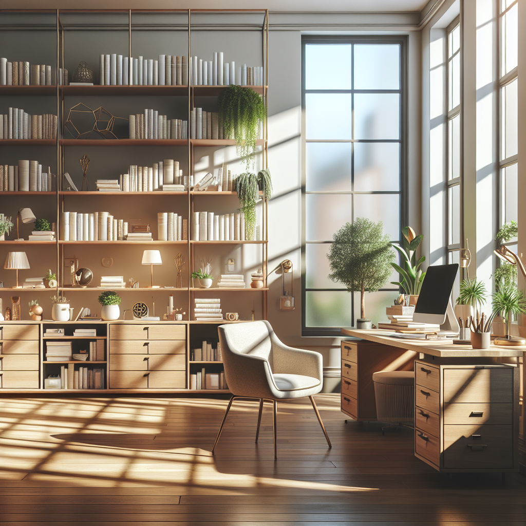 A well-organized, tranquil study room with a desk, chair, and shelving, designed for organizing courses.