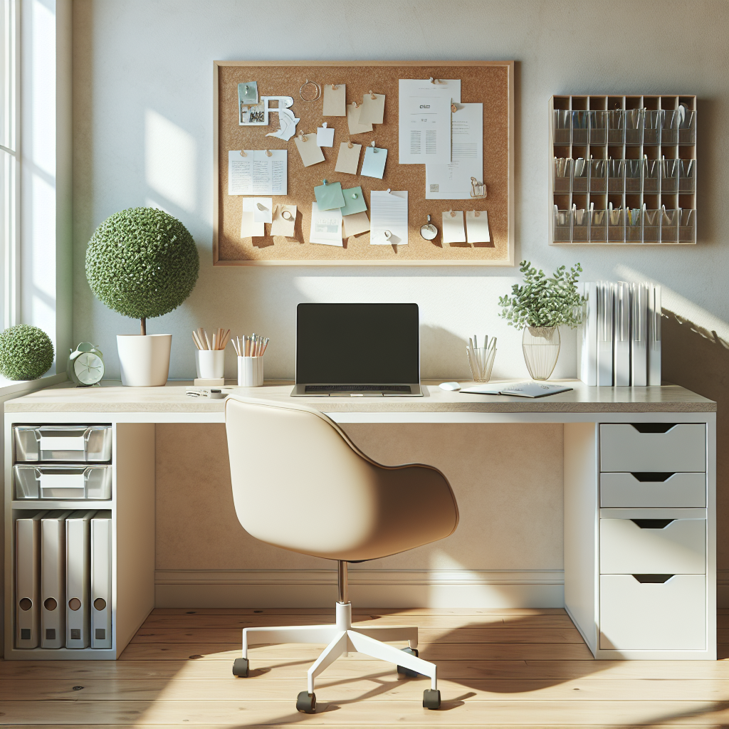 Organized modern home office with a white desk, a laptop, a green plant, clear desk organizers, a corkboard on the wall, and a beige chair. The office has natural lighting.