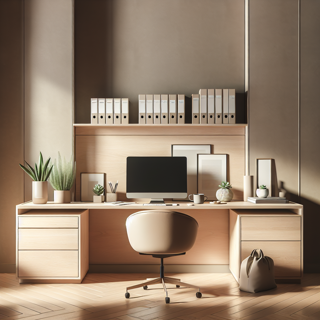 Spacious and decluttered home office, featuring a wooden desk with minimalist setup, including a laptop and color-coordinated folders, an ergonomic chair, and with natural light enhancing the tranquil mood.