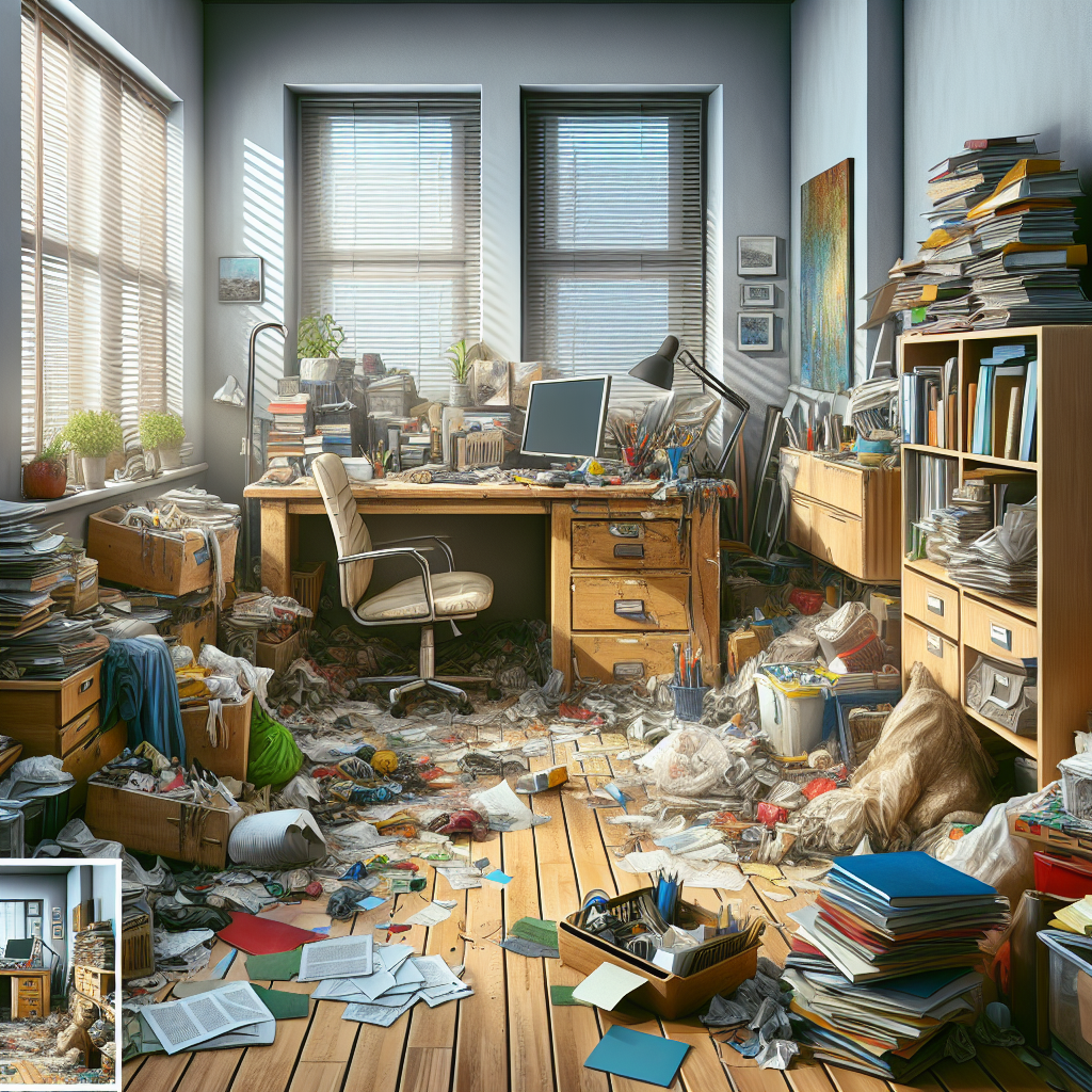 Realistic home office with significant clutter
